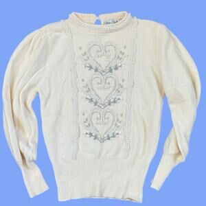 Vintage Marisa Christina Cream heart Pearl Beaded Sweater 34" bust EUC angora